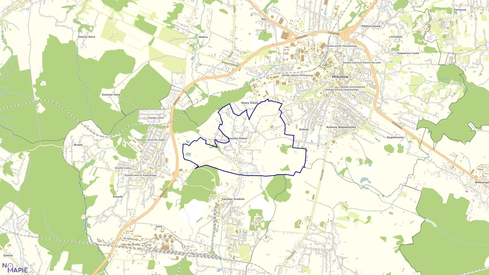 Mapa obrębu Łaziska Dolne w mieście Łaziska Górne