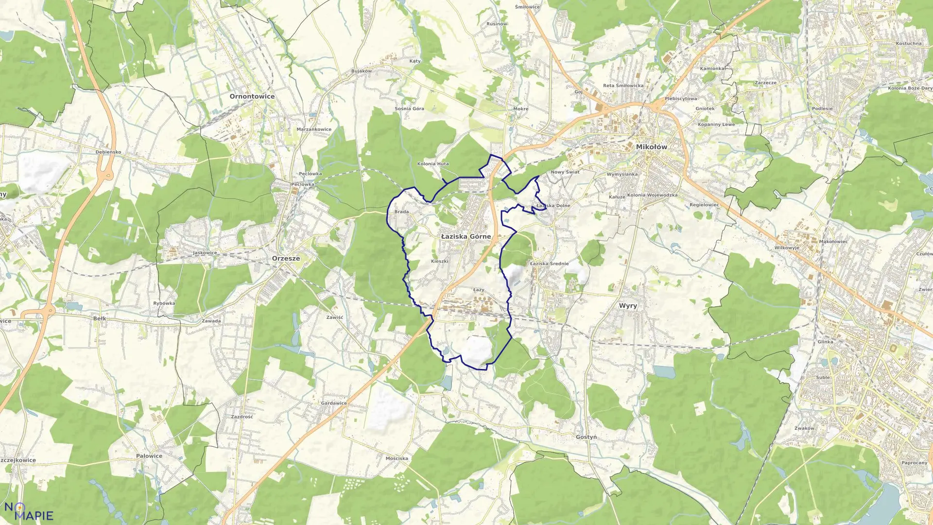 Mapa obrębu Łaziska Górne w mieście Łaziska Górne