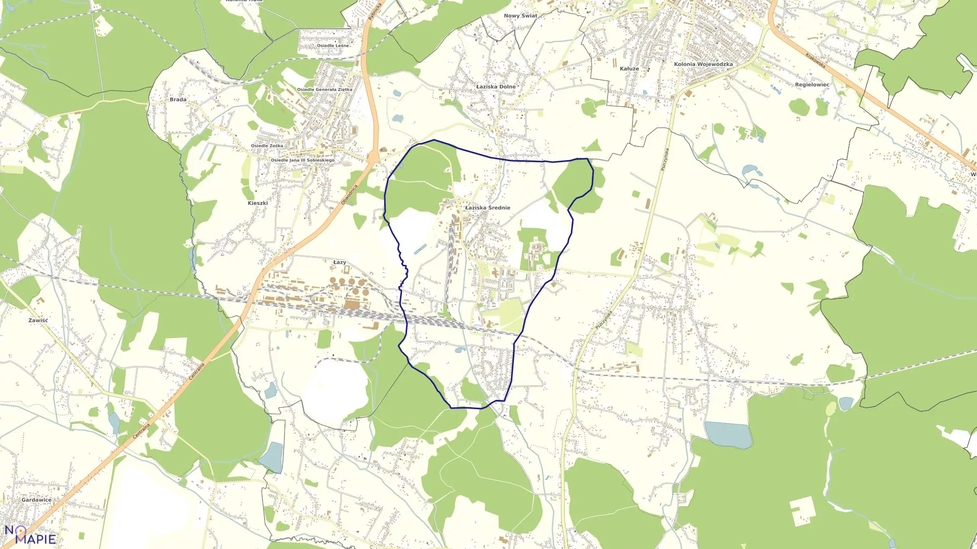 Mapa obrębu Łaziska Średnie w mieście Łaziska Górne